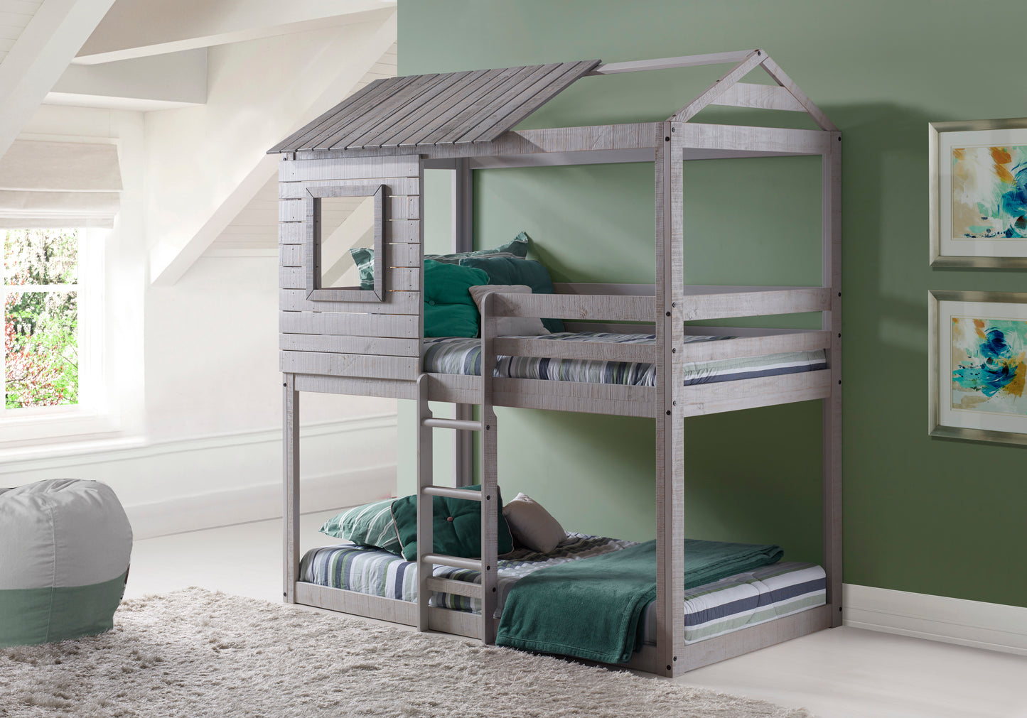 Deer Blind Twin Over Twin Rustic Grey House Bunk Bed